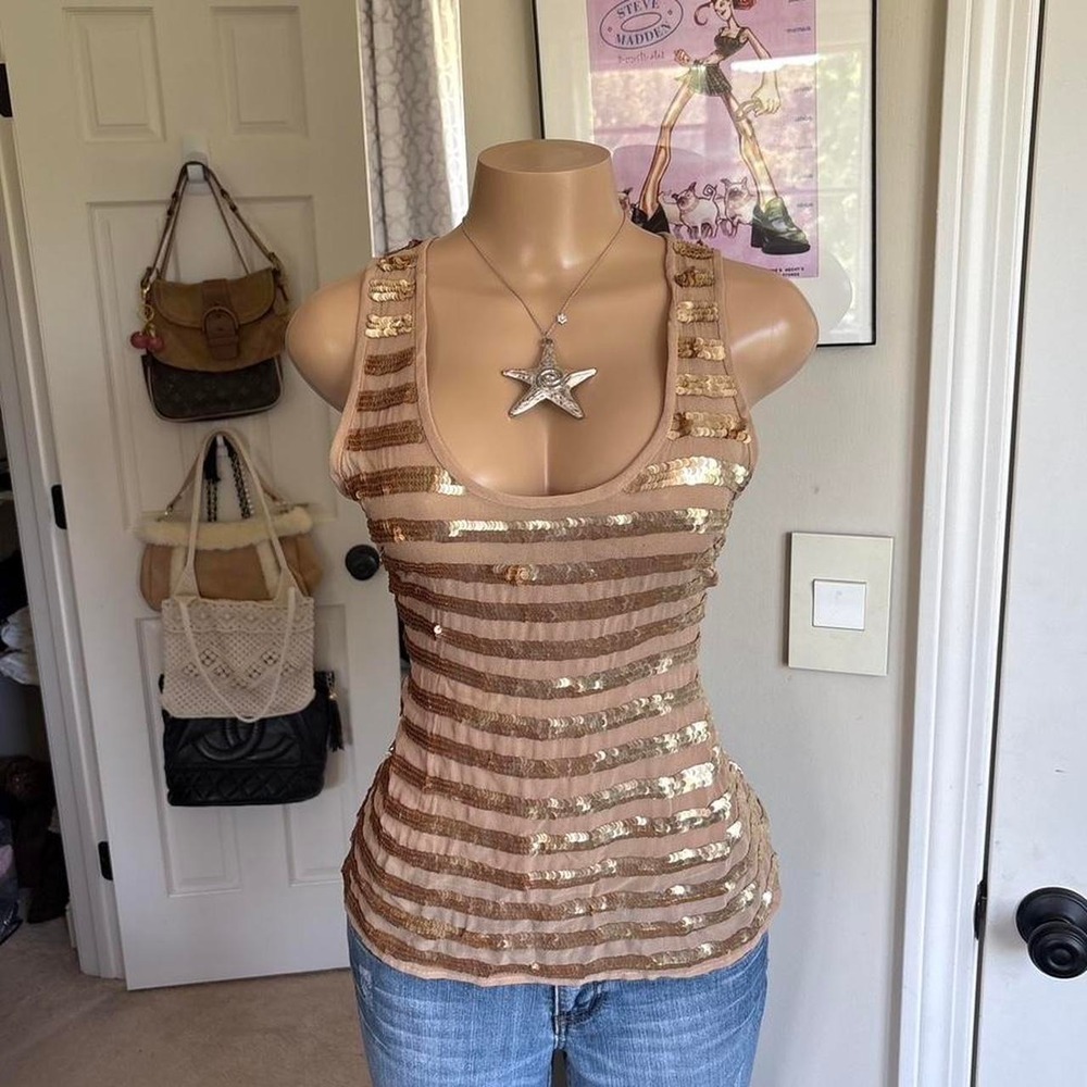Y2K 2000s mcbling Gold Sequin Stripe Tank Top
